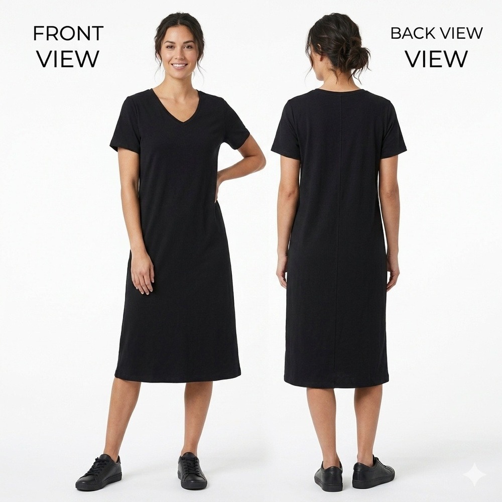Denim & Co Dress Womens 1X Black V-Neck Short Sleeve Midi T-Shirt Cotton‎ Blend
